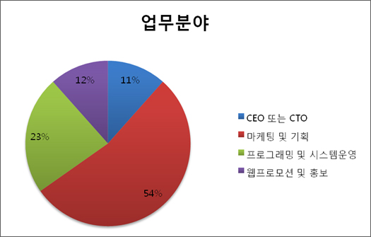 업무분야(CEO, 마케팅 및 기획, 프로그래밍 및 시스템운영, 웹프로모션 및 홍보)에 대한 퍼센트를 나타낸 파이차트