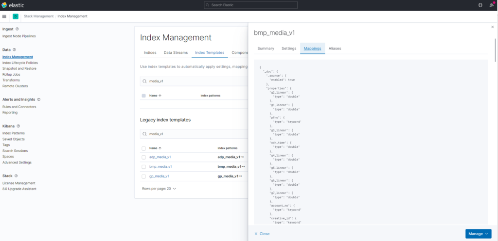 Kibana Elasticsearch Index Templates 예시 화면