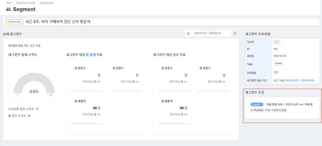 세그먼트 조건에 맞는 잠재고객, 방문, 전환 등 상세 정보를 보여주는 TAM 화면 예시