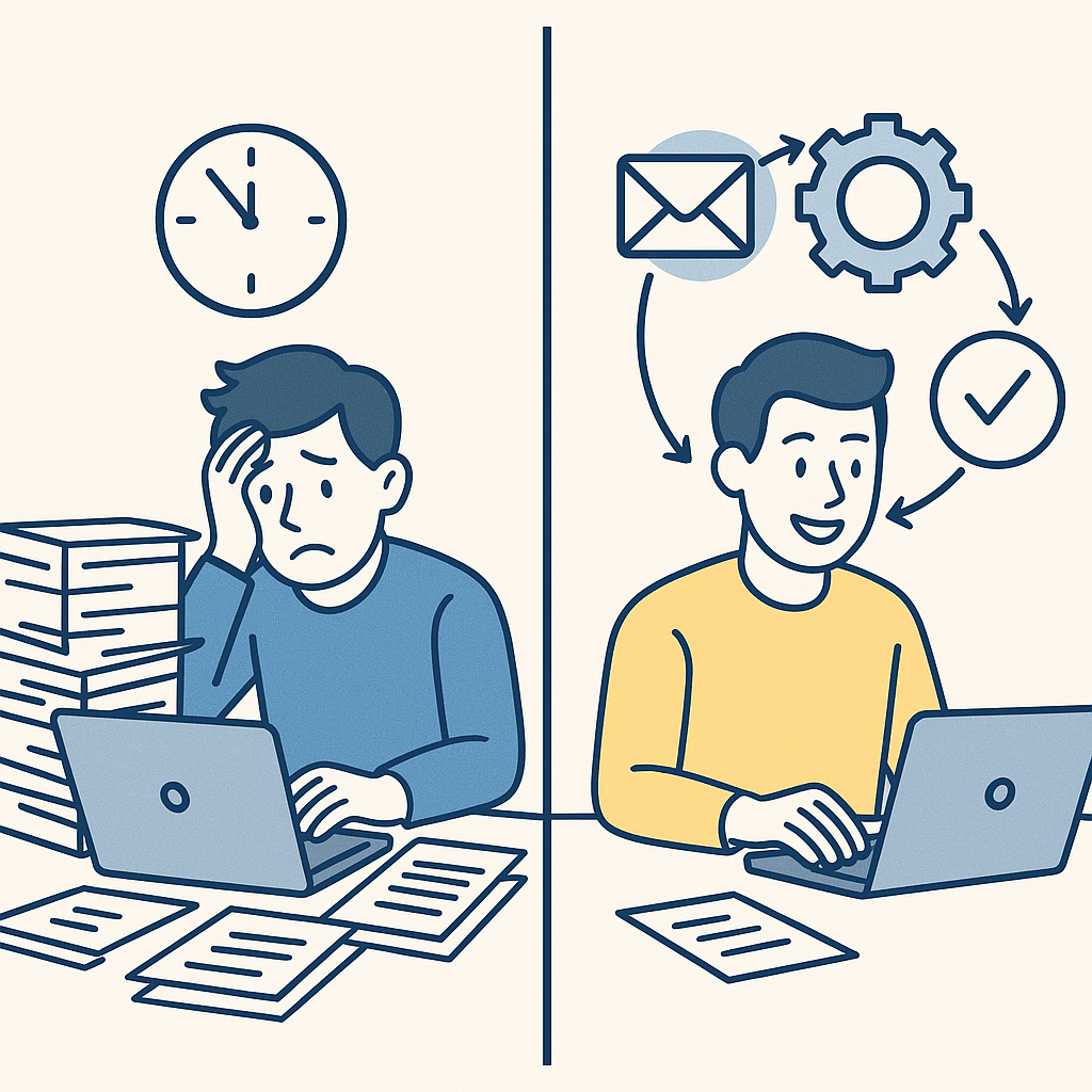 반복되는 마케팅 업무를 자동화 툴로 줄이는 마케터의 모습 일러스트