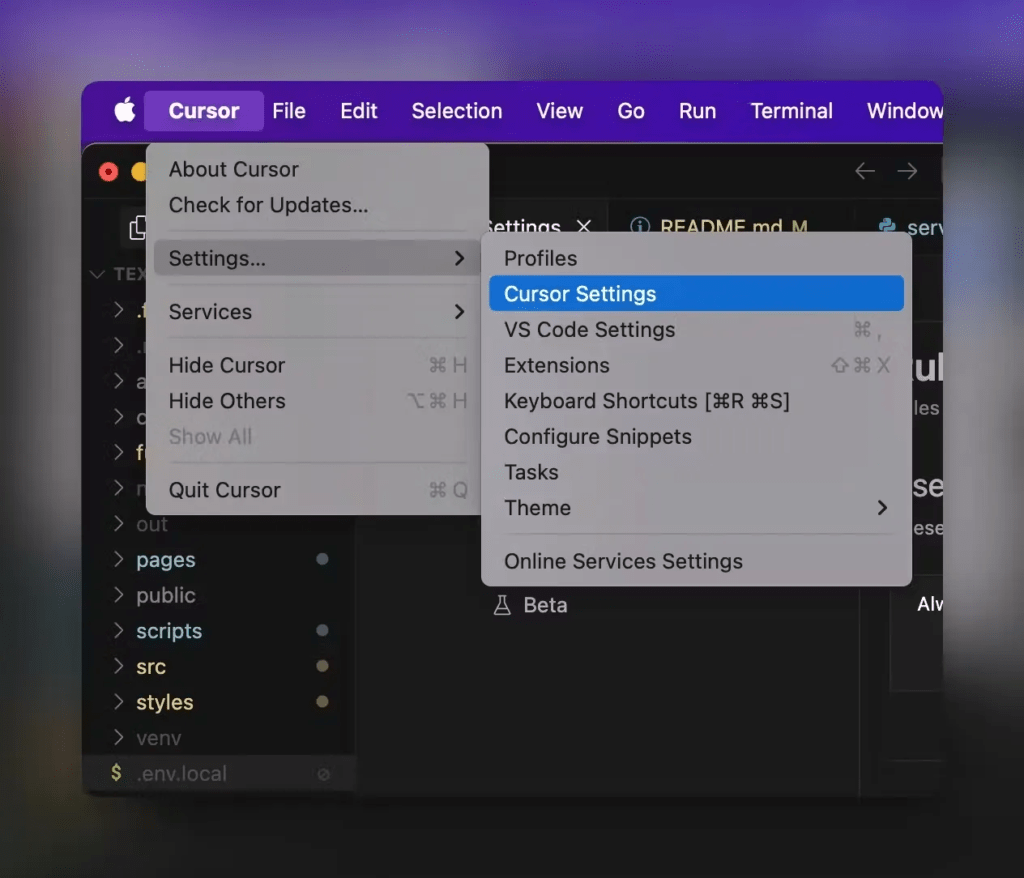 Cursor 메뉴에서 Rule 설정을 위한 Setting 메뉴 찾는 방법을 상세하게 보여주는 화면입니다.