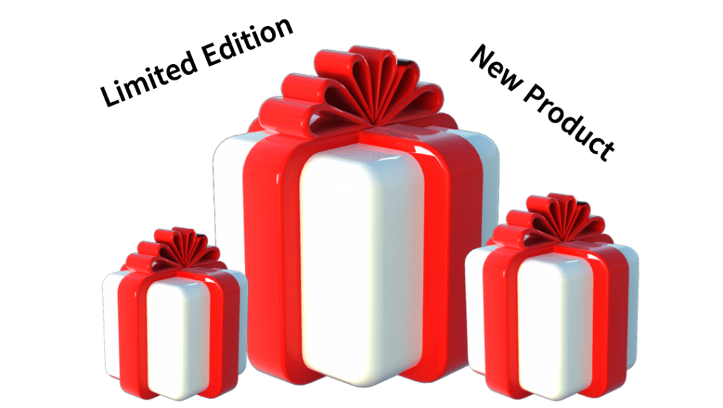 Limited Edition과 New Product 글자가 적혀있고, 하단에 선물 모양의 제품이 있는 이미지