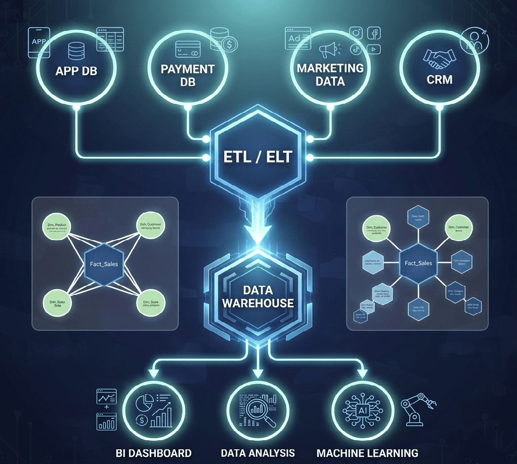 데이터 웨어 하우스 기본 구조 흐름을 나타내는 이미지