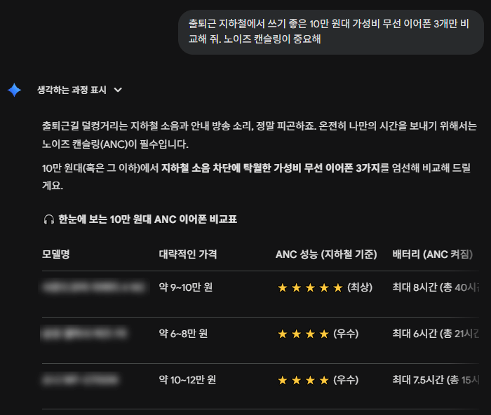 구글 제미나이 화면에서 생성형 AI가 무선 이어폰 3종을 비교하여 답변해 줍니다.