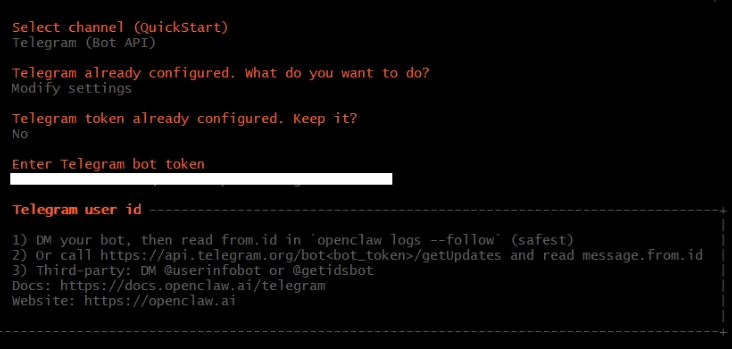 openclaw 오픈클로 telegram 텔레그램 bot 봇 토큰 입력