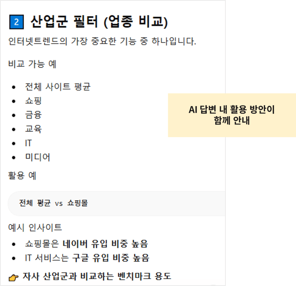 AI 답변 내, 활용 방안이 함께 안내되는 예시