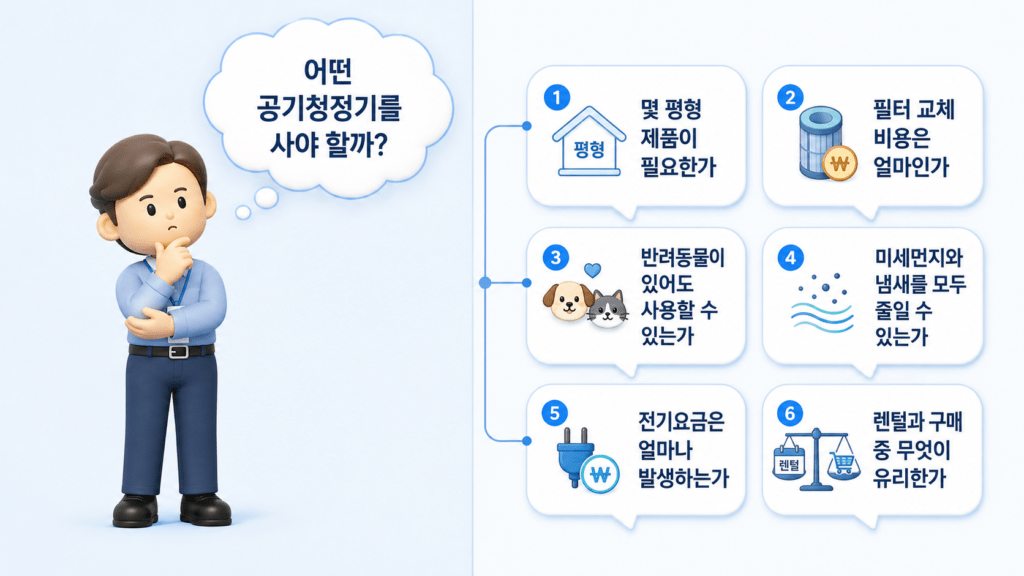 공기청정기 구매를 고민하는 소비자와 주요 후속 질문을 보여주는 인포그래픽. 왼쪽에는 “어떤 공기청정기를 사야 할까?”라고 생각하는 한 명의 소비자가 있고, 오른쪽에는 제품 선택 시 확인할 질문 6가지가 연결되어 있다. 질문은 필요한 제품 평형, 필터 교체 비용, 반려동물 동거 환경에서의 사용 가능 여부, 미세먼지와 냄새 저감 기능, 예상 전기요금, 렌털과 구매 중 유리한 방식이다.