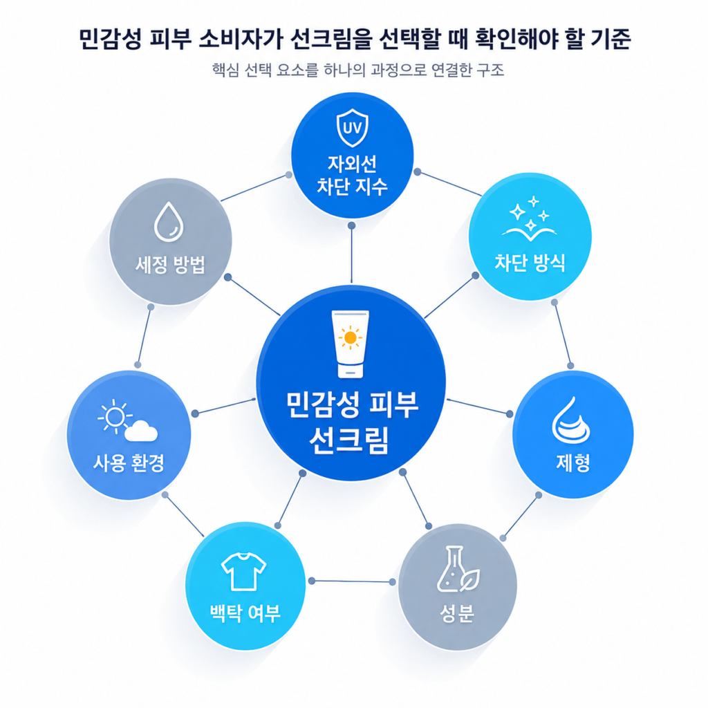 <민감성 피부 소비자가 선크림을 선택할 때 확인해야 할 기준> 자외선 차단 지수, 차단 방식, 제형, 성분, 백탁 여부, 사용 환경, 세정 방법을 하나의 선택 과정으로 연결합니다.