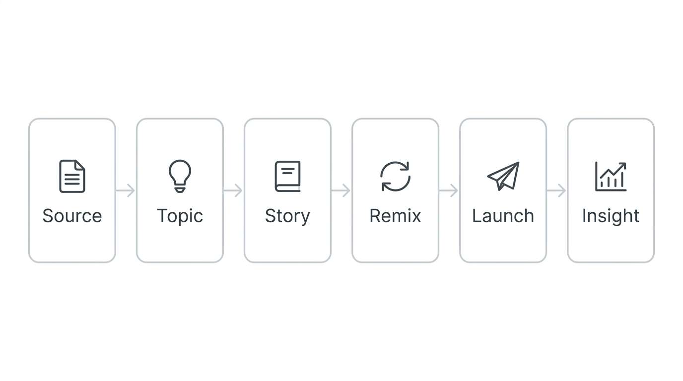 Source, Topic, Story, Remix, Launch, Insight로 이어지는 6단계 파이프라인 도식