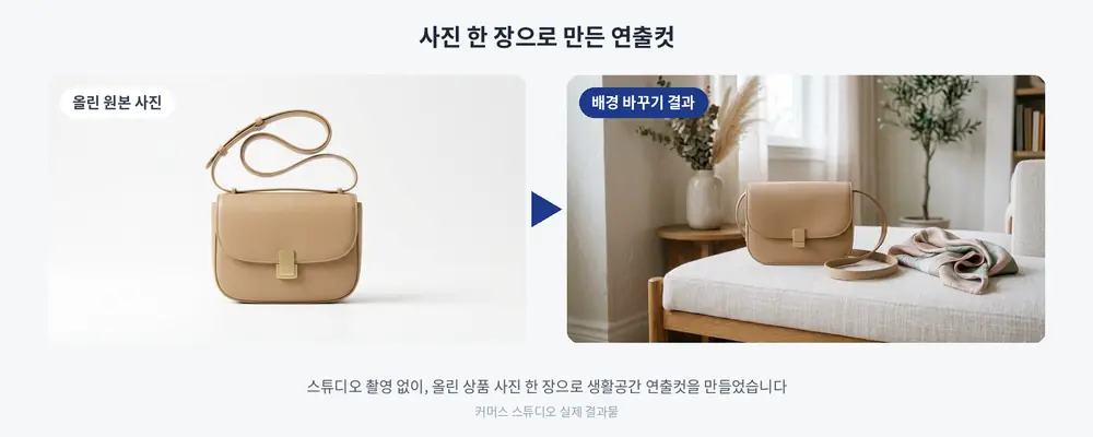 원본 상품 사진과 커머스 스튜디오 배경 바꾸기로 만든 연출컷 비교
