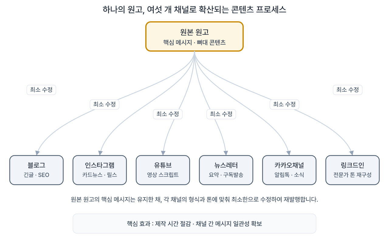 하나의 원고가 여섯 채널로 분기되는 구조