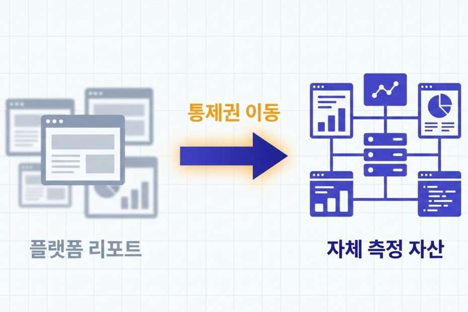 플랫폼 리포트에서 광고주 자체 측정으로 통제권이 이동하는 흐름을 나타낸 인포그래픽