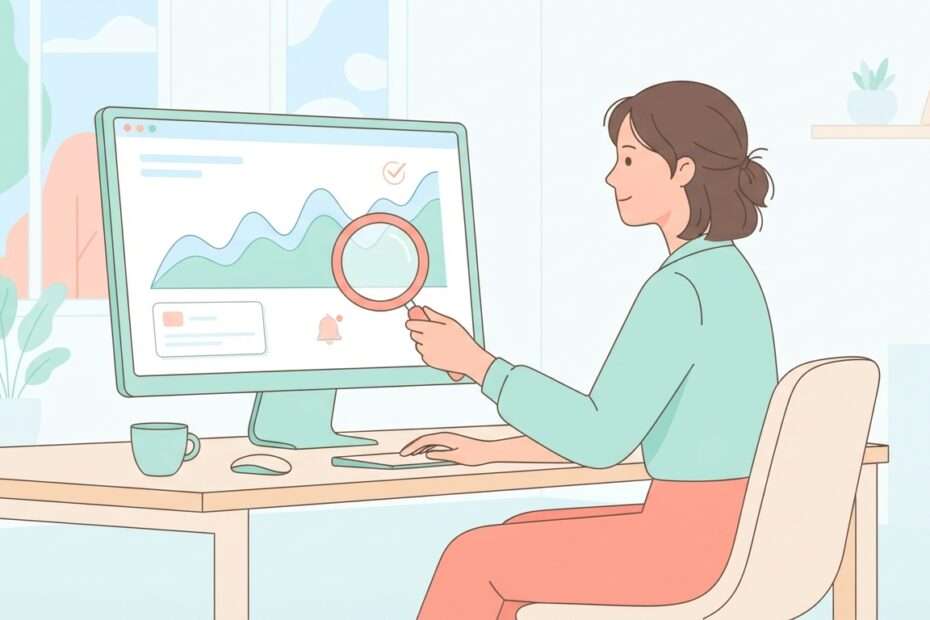마케팅 담당자가 여러 대시보드 화면의 추이 그래프와 알림을 순서대로 확인하는 일러스트
