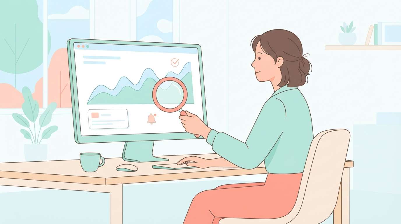 마케팅 담당자가 여러 대시보드 화면의 추이 그래프와 알림을 순서대로 확인하는 일러스트