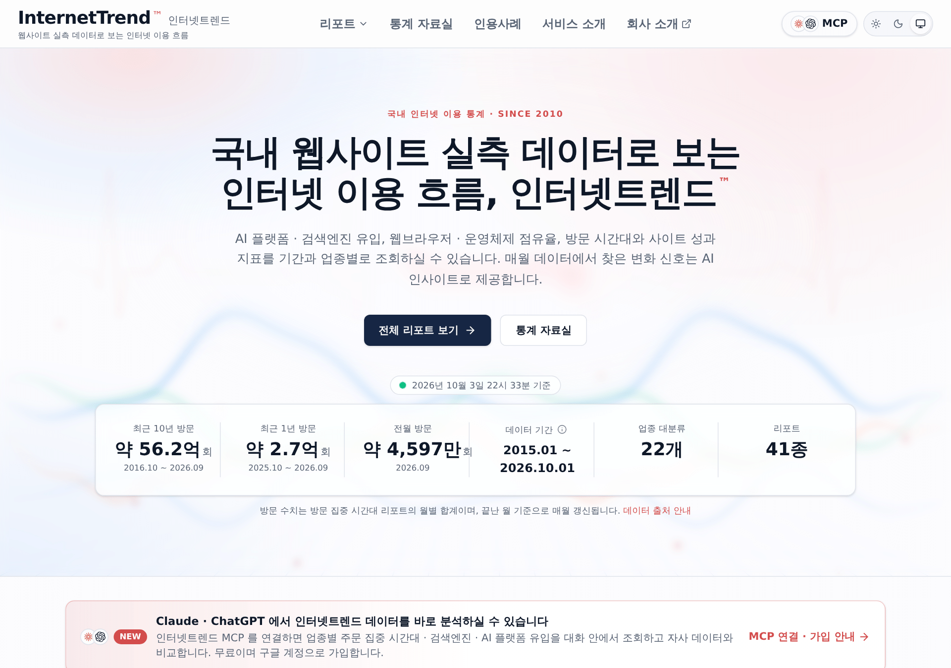 인터넷트렌드 첫 화면 상단의 MCP 단추와 안내 띠
