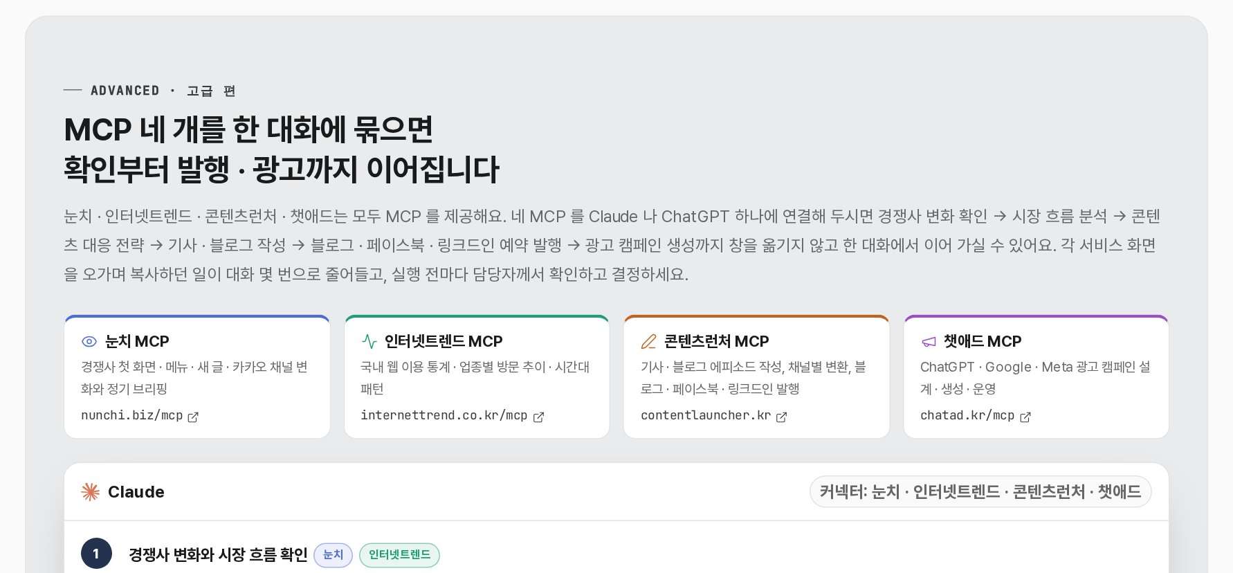 MCP 네 개를 한 대화에 묶으면 확인부터 발행 · 광고까지 이어진다는 눈치 MCP 고급 편 화면