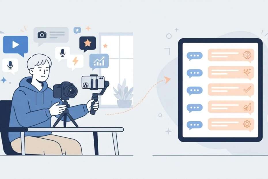 크리에이터 콘텐츠와 AI 답변 화면을 연결한 일러스트