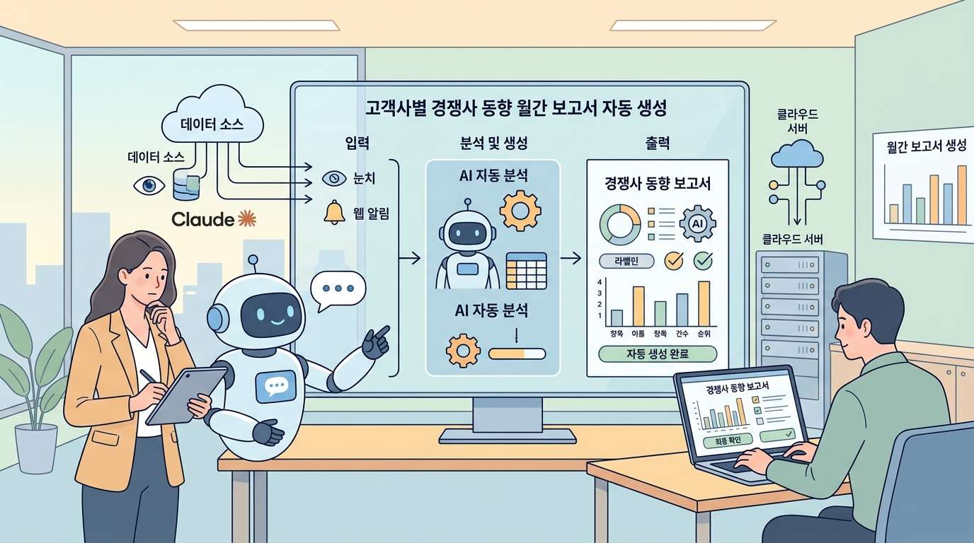 광고대행사의 고객사별 경쟁사 동향 월간 보고서를 자동으로 만드는 법: 눈치 사이트 묶음·웹훅·Claude 정리 대표 이미지
