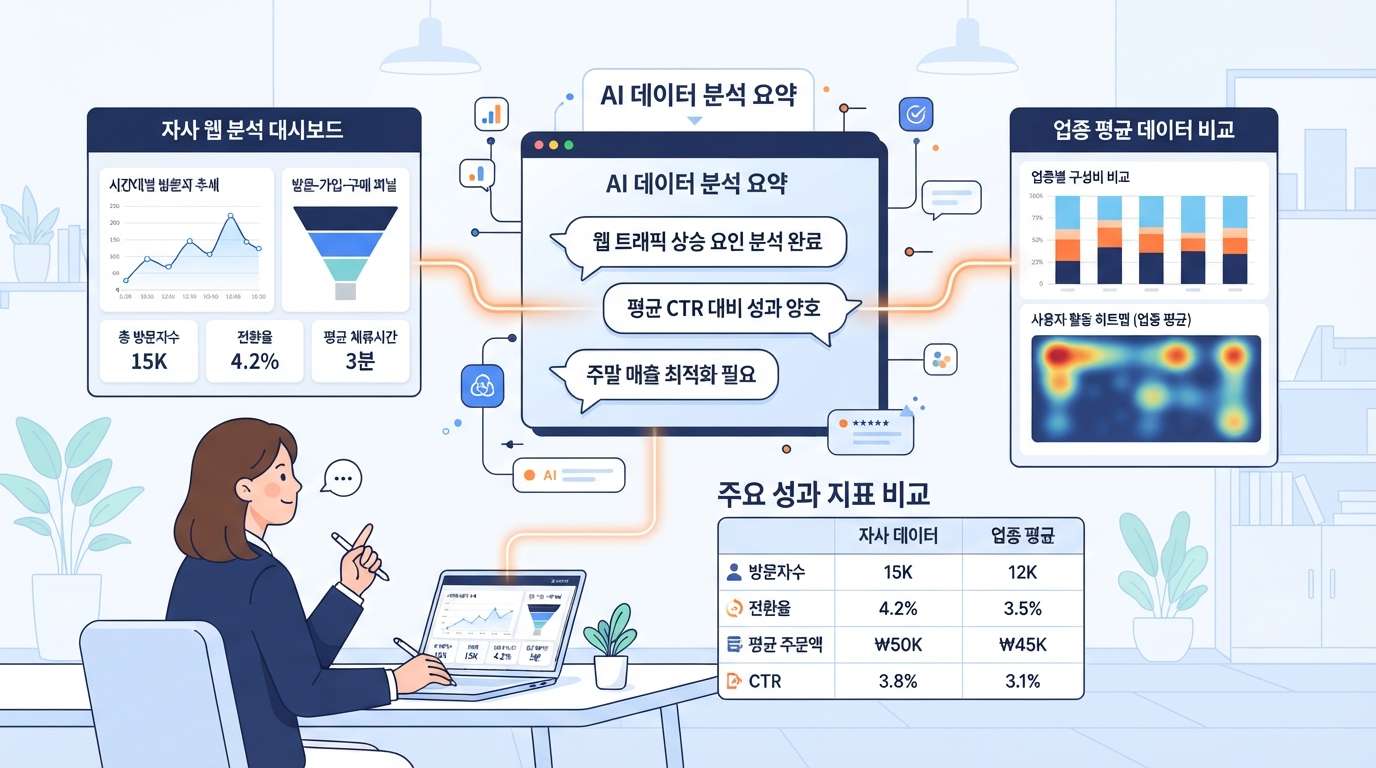 AI 대화창을 가운데 두고 왼쪽 로거 리포트 대시보드와 오른쪽 업종 평균 통계 패널이 연결되어 막대 그래프를 비교하는 설명형 일러스트